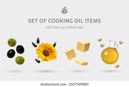 A Set of Cooking Oil 3D Vector Items: Green Olive, Black Olive, Sunflower, Butter, Soybean