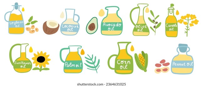 Set of cooking oils. Food illustrations. Collection of hand drawn vector on white background.
