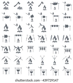 Set of cooking on campfire icons. Vector illustration