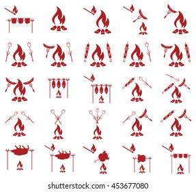 Set of cooking on campfire icons. Vector illustration