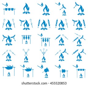 Set of cooking on campfire icons. Vector illustration