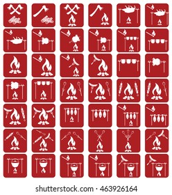 Set of cooking on campfire icons. Vector illustration

