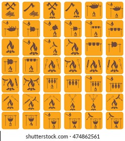 Set of cooking on campfire icons. Vector illustration

