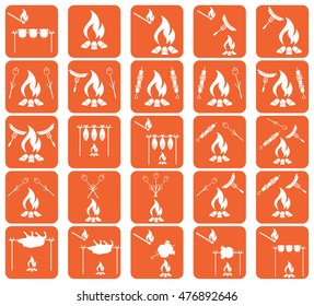 Set of cooking on campfire icons. Vector illustration

