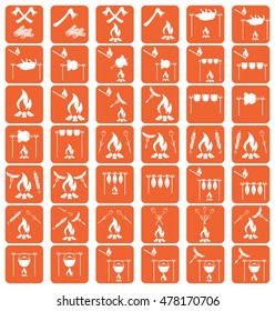 Set of cooking on campfire icons. Vector illustration


