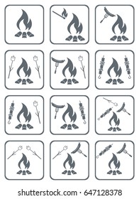 Set of cooking on campfire icons. Vector illustration

