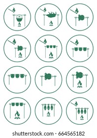 Set of cooking on campfire icons. Vector illustration