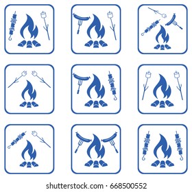 Set of cooking on campfire icons. Vector illustration