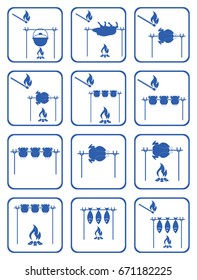 Set of cooking on campfire icons. Vector illustration

