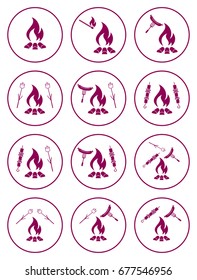 Set of cooking on campfire icons. Vector illustration