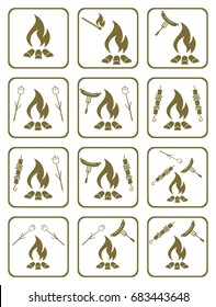 Set of cooking on campfire icons. Vector illustration


