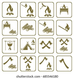 Set of cooking on campfire icons. Vector illustration