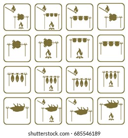 Set of cooking on campfire icons. Vector illustration

