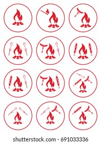 Set of cooking on campfire icons. Vector illustration