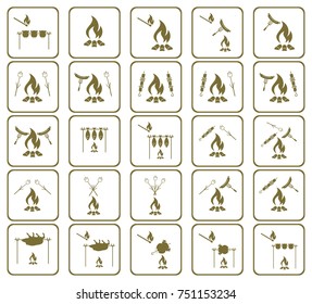 Set of cooking on campfire icons. Vector illustration

