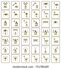 Set of cooking on campfire icons. Vector illustration

