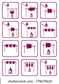 Set of cooking on campfire icons. Vector illustration