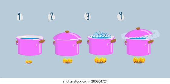 Set cooking plates. Boiling water for various dishes. Vector illustration