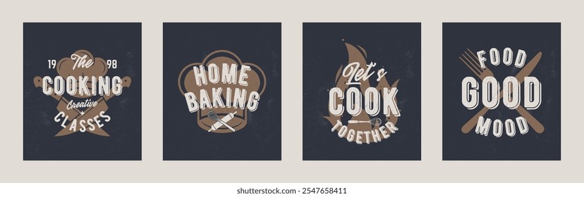 Conjunto de Cartazes de culinária, modelos de bandeiras. Projeto de fundo com ícones de cozinha para convites, banner, brochura, cartaz, capa, design de menu.