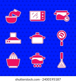 Set Cooking pot, Barbecue spatula, Frying pan, Citrus fruit juicer, Kitchen extractor fan,  and Saucepan icon. Vector