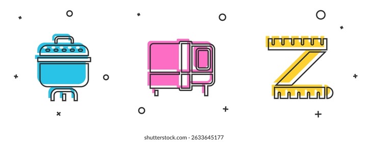 Set Cooking pot, Bed and Tape measure icon. Vector