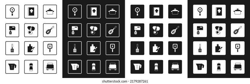 Set Cooking pot, Broken egg, Electric mixer, Frying pan, Kitchen whisk, Cookbook,  and Barbecue spatula icon. Vector