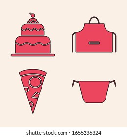 Ponga la olla de cocina , el pastel , el delantal de cocina y la rebanada del icono de la pizza. Vector