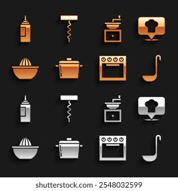 Set de cocina, sombrero de chef con ubicación, cucharón de cocina, horno, exprimidor de frutas cítricas, molinillo de café manual, botella de salsa e icono de sacacorchos de vino. Vector