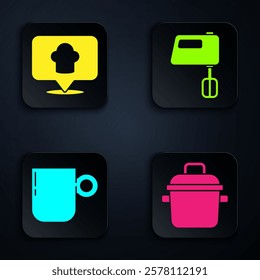 Set Cooking pot, Chef hat with location, Coffee cup and Electric mixer. Black square button. Vector