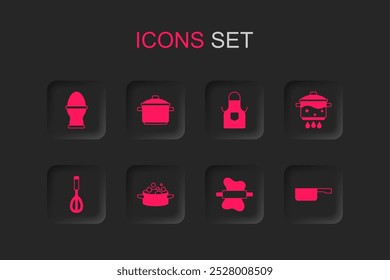 Set Cooking pot, Chicken egg on a stand, Rolling pin dough, fire, Frying pan, Kitchen apron and whisk icon. Vector