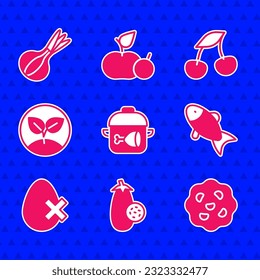 Set Cooking pot and chicken leg, Eggplant, Cookie or biscuit, Fish, No egg, Sprout, Fresh berries and Onion icon. Vector