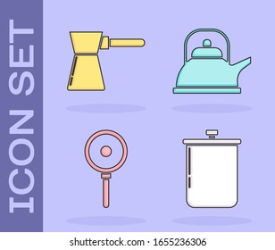 Kochtopf , Kaffeemaschine , Bratpfanne und Kettle mit Griffsymbol. Vektorillustration