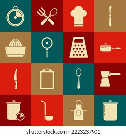 Set Cooking pot, Coffee turk, Frying pan, Chef hat, Citrus fruit juicer, Kitchen timer and Grater icon. Vector