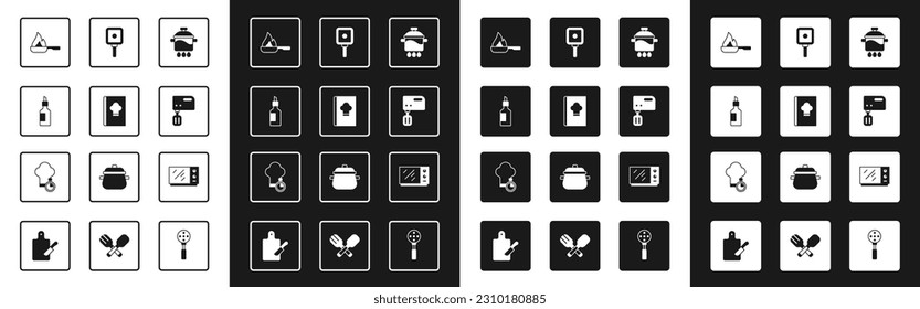 Set Cooking pot, Cookbook, Bottle of olive oil, Frying pan, Electric mixer, Microwave oven and Chef hat icon. Vector