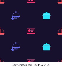 Set Cooking pot, Covered with tray of food, Online ordering and delivery and Salt pepper on seamless pattern. Vector