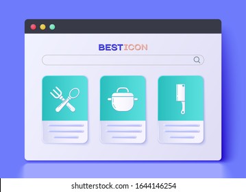 Set Cooking pot , Crossed fork and spoon  and Meat chopper  icon. Vector