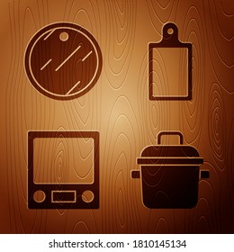 Set Cooking pot, Cutting board, Electronic scales and Cutting board on wooden background. Vector