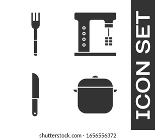 Set Cooking pot, Fork, Knife and Electric mixer icon. Vector