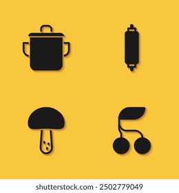 Set Cooking pot, Fresh berries, Mushroom and Rolling pin icon with long shadow. Vector