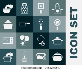 Set Cooking pot, Fried eggs on frying pan, Frying, Saucepan,  and Spatula icon. Vector