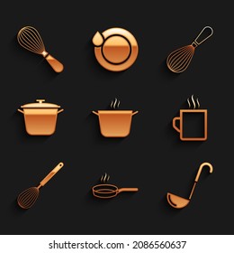 Set Cooking pot, Frying pan, Kitchen ladle, Coffee cup, whisk,  and  icon. Vector