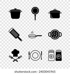 Set Cooking pot, Frying pan, Chef hat and fork, Plate, knife, Salt pepper, Grater and  icon. Vector