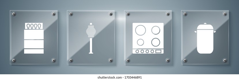 Set Cooking pot, Gas stove, Honey dipper stick and Open matchbox and matches. Square glass panels. Vector