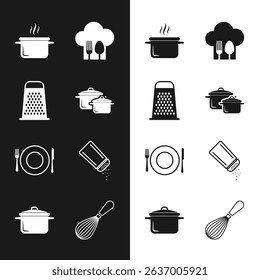 Set Cooking pot, Grater, Chef hat with fork and spoon, Plate, knife, Salt pepper, Kitchen whisk and  icon. Vector