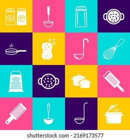 Set Cooking pot, Grater, Kitchen whisk, Salt and pepper, Sponge with bubbles, Frying pan,  and ladle icon. Vector