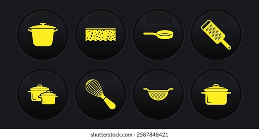 Set Cooking pot, Grater, Kitchen whisk, colander, Frying pan, Sponge with bubbles,  and  icon. Vector