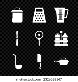 Ponga olla de cocina, Grater, taza de medición, cuchara de cocina, helicóptero de carne, sartén, cuchara de pollo e icono. Vector