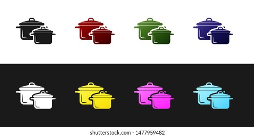 Set Cooking pot icon isolated on black and white background. Boil or stew food symbol.  Vector Illustration