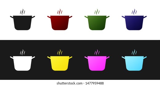Set Cooking pot icon isolated on black and white background. Boil or stew food symbol.  Vector Illustration