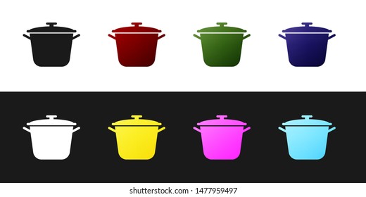 Set Cooking pot icon isolated on black and white background. Boil or stew food symbol.  Vector Illustration
